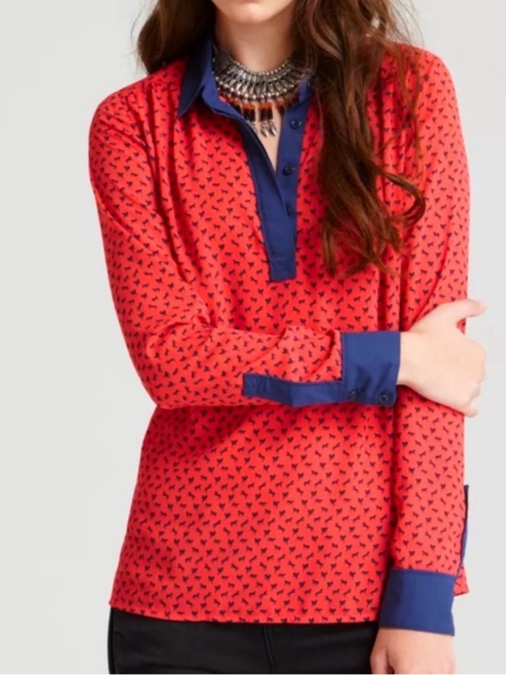 Free People Red Horse Print Patterned Button-Down Shirt with Navy Trim Sz M